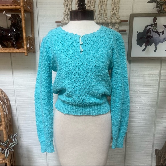Vintage Sweaters - Vintage aqua/teal knit textured sweater with 3 button up neckline